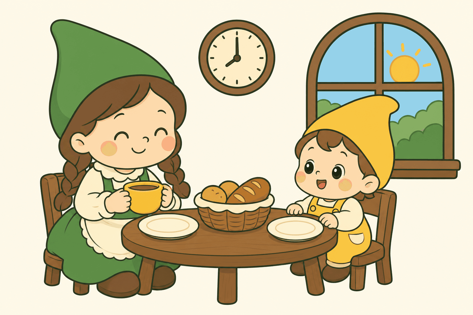 Mama-Zwergin und Kleinkind beim gemeinsamen Frühstück, eine Uhr an der Wand