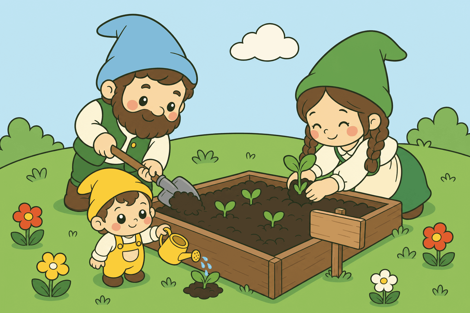 A dwarf family planting seedlings together in their garden bed