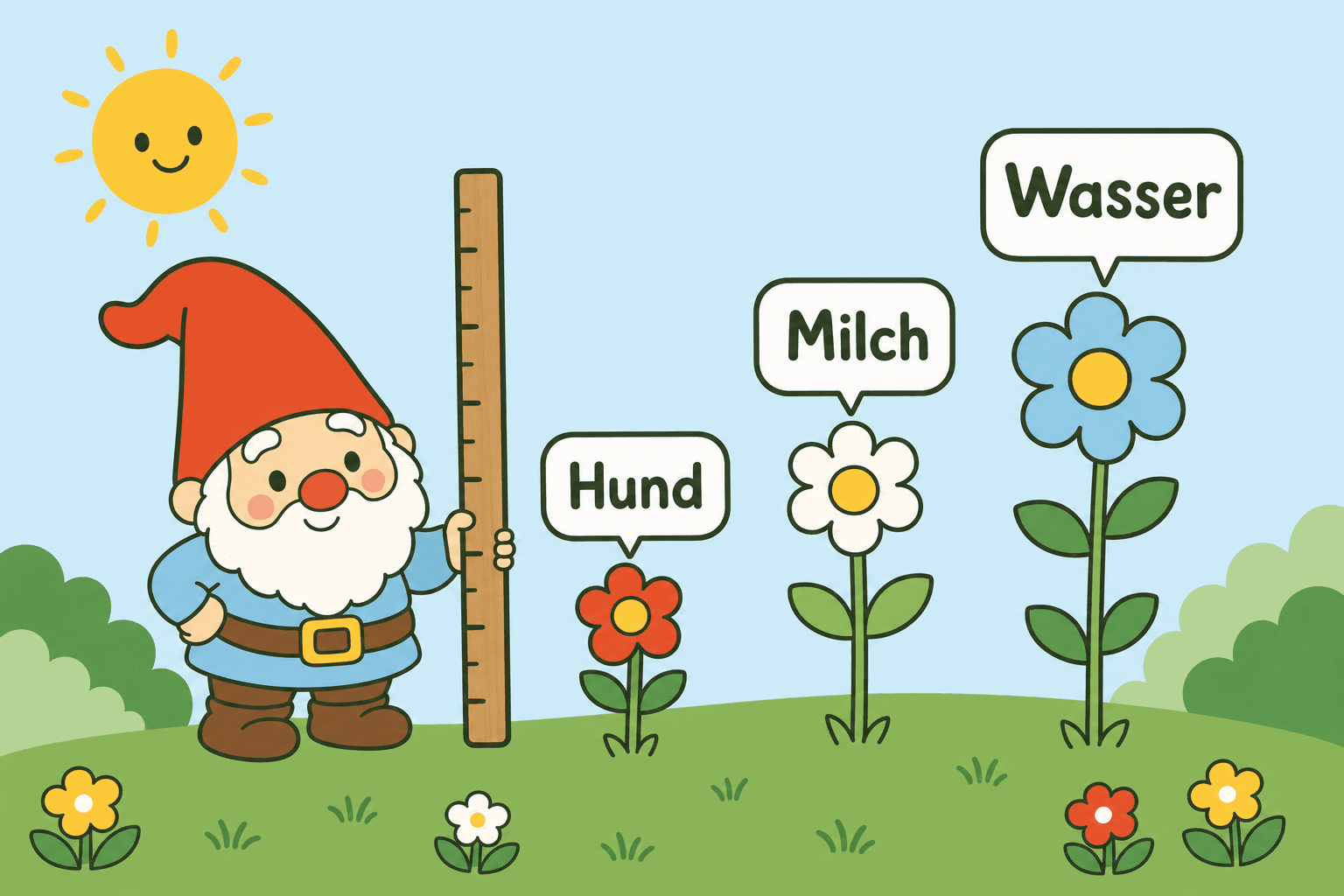 Der Gartenzwerg misst mit einem Zollstock drei unterschiedlich hohe Wortpflanzen