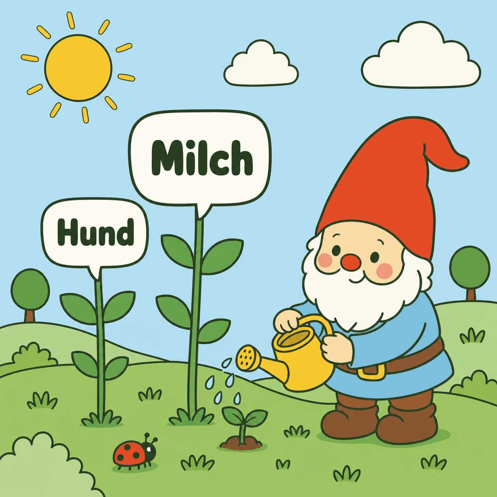 A cheerful garden gnome waters a meadow where plants bloom into speech bubbles holding the German words Hund and Milch