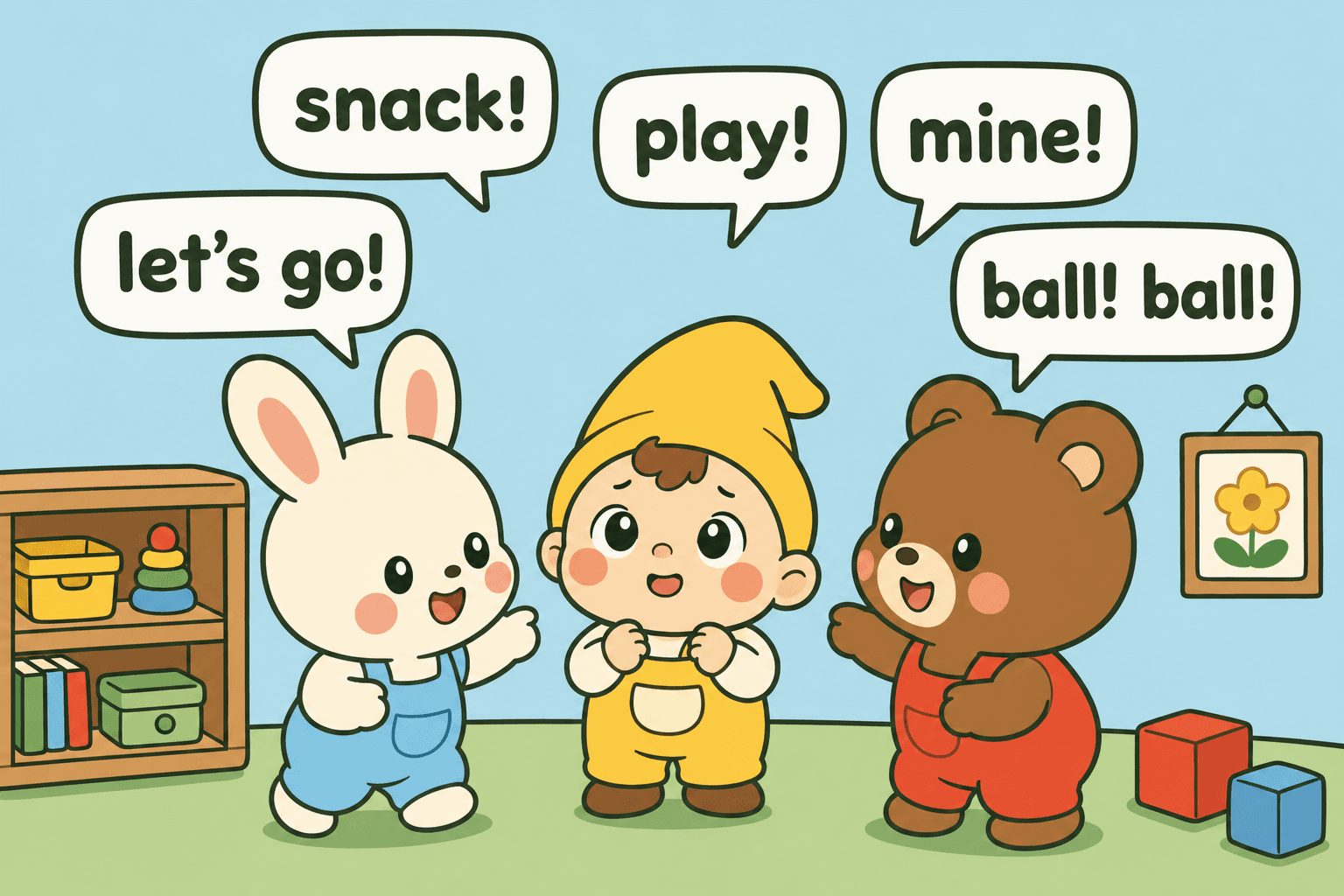The toddler dwarf at daycare with a bunny and a bear, surrounded by English speech bubbles