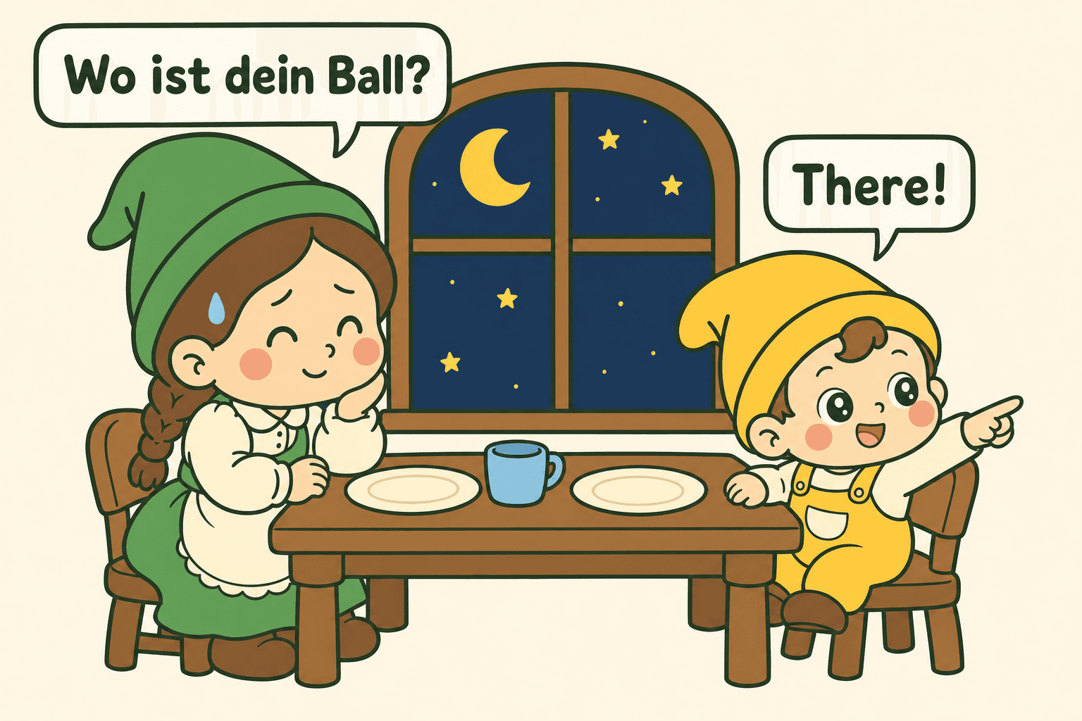 At the dinner table, Mama dwarf asks “Wo ist dein Ball?” — the toddler points and answers “There!”
