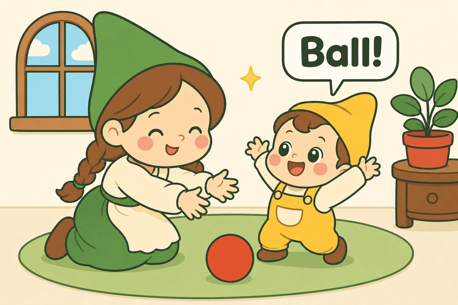 Mama dwarf plays with her toddler at home; the toddler joyfully says “Ball!”